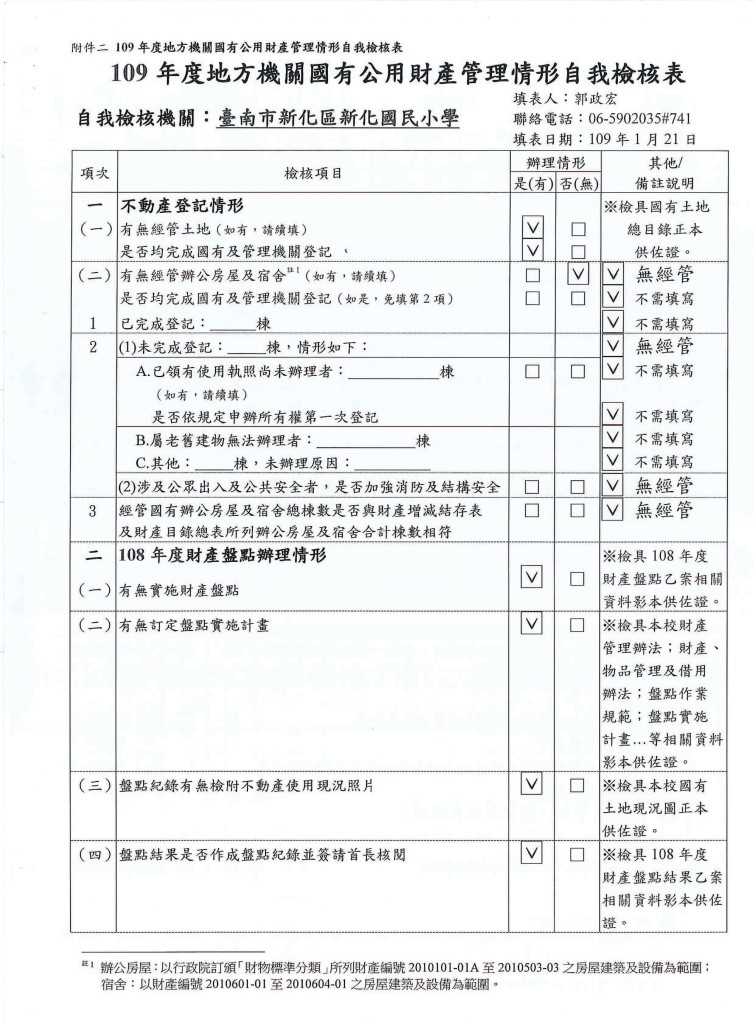 1090121 109年度地方機關國有公用財產管理情形自我檢核表1